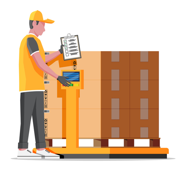 An illustration of a man using a static dimensional weighing system to determine the cubic weight of a group of packages