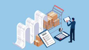 Illustration of a man trying to track the influx of parcel packages with a huge bill/receipt of fines and fees forming