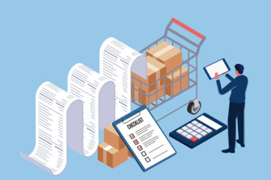 Illustration of a man trying to track the influx of parcel packages with a huge bill/receipt of fines and fees forming